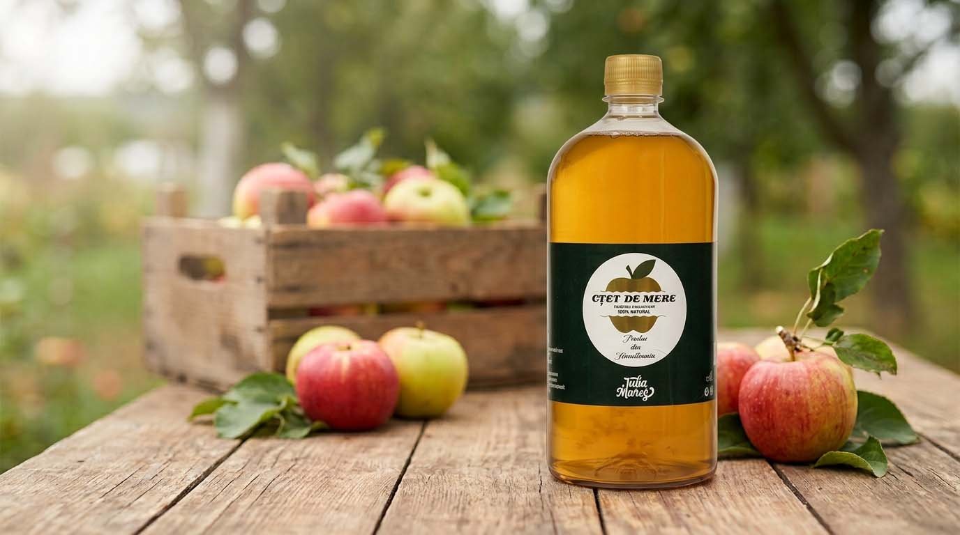 Aciditatea oțetului de mere JuliaMureș Eticheta oțetului de mere JuliaMureș cu concentrație acetică 5%